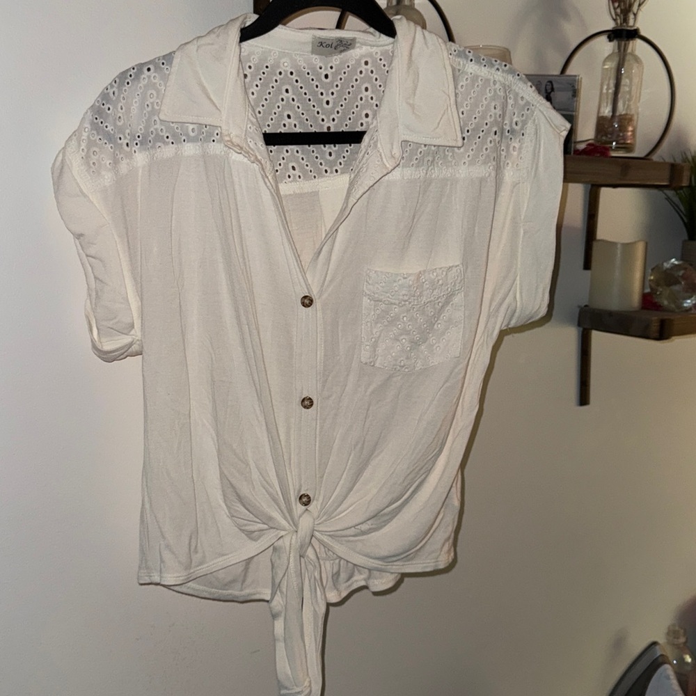 Koi White Eyelet Pattern Top